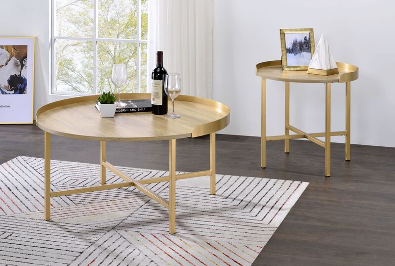 ACME Mithea End Table, Oak Table Top & Gold Finish