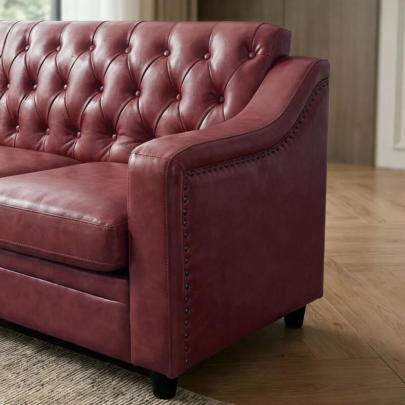 Vipbear 78.7" Chesterfield Faux Leather Sofa, 3 Seater Brown PU Couch Nailhead Trim for Living Room image number 6