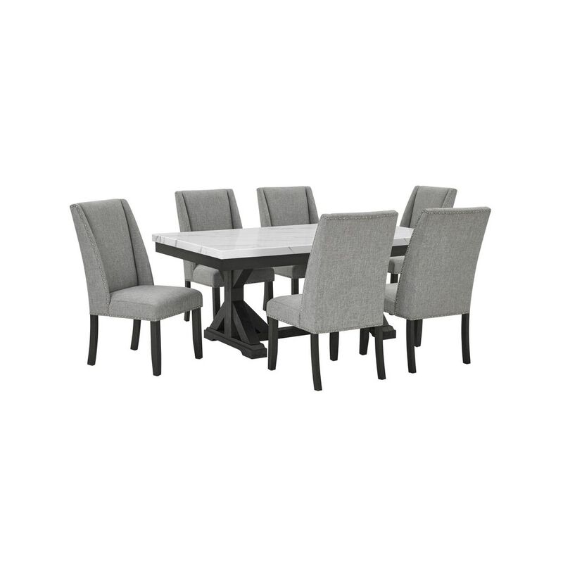 Best Quality Furniture 7Pc Fuax Marble Top Dining Set With 6 Gray Side Chairs