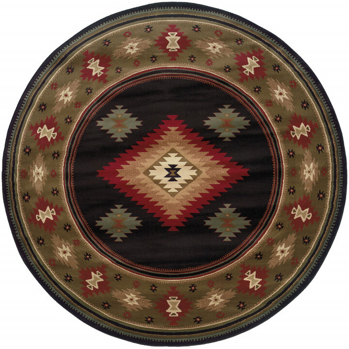 8 Black Round Southwestern Power Loom Stain Resistant Area Rug