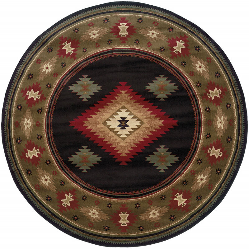 8 Black Round Southwestern Power Loom Stain Resistant Area Rug image number 0