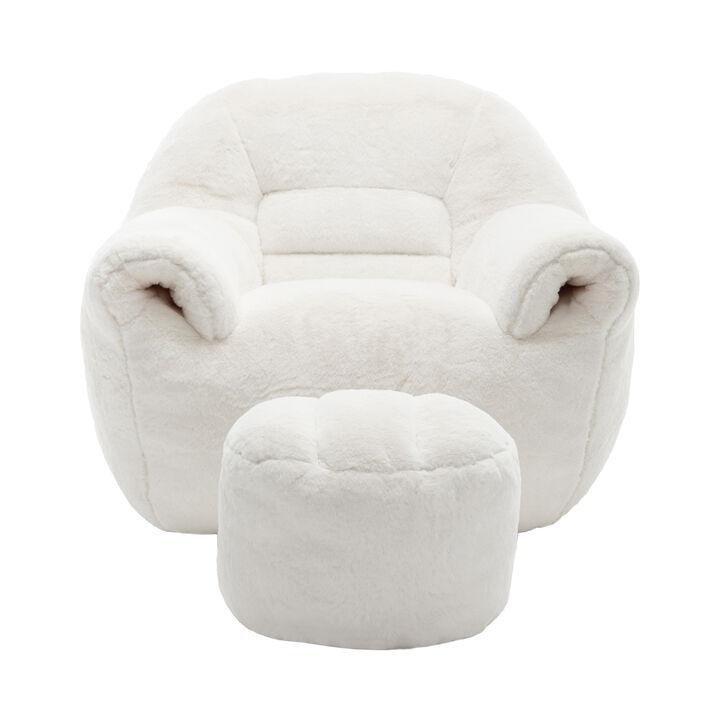 Comfy Bean Bag Sofa with Back Support and Footstool, Faux Fur Bean Bag Chair, Stuffed Floor Sofa