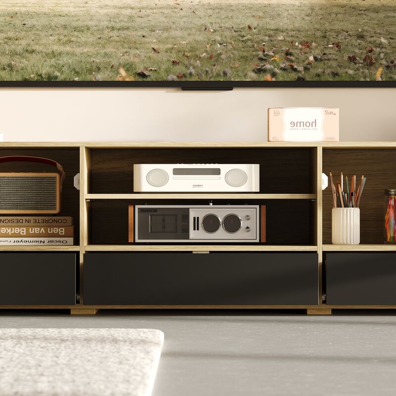 FUFU&GAGA Entertainment Wall Unit with 69" TV Console, Wall-Mounted Cabinets, Glass Doors, (92.7"W x 80.1"H x 15.7"D), Grey & Natural Wood Finish