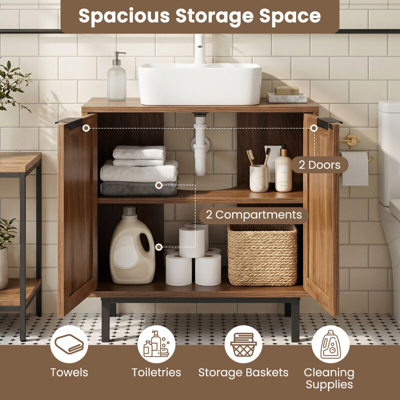 Modern Bathroom Vanity Cabinet with Rattan Doors and Cut-Out image number 5