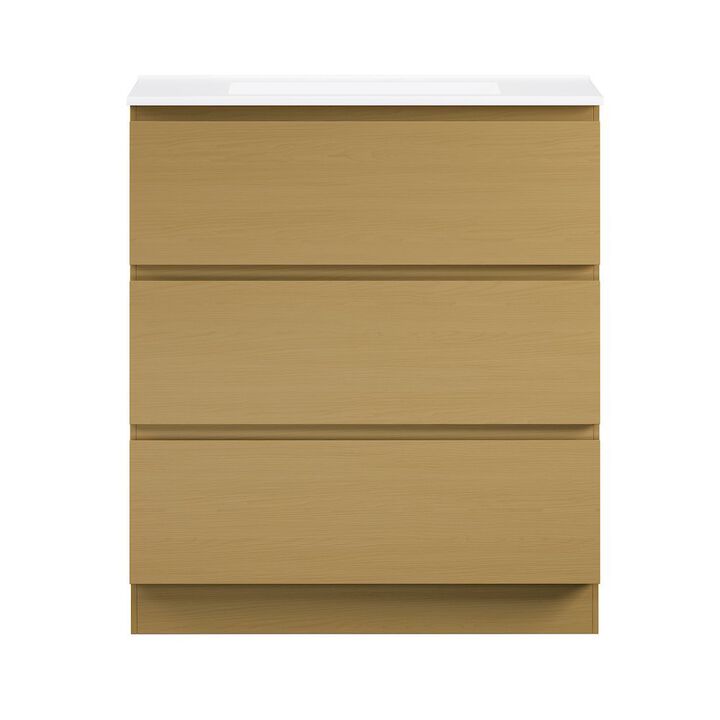 30" Freestanding Bathroom Vanity in Natural Oak with 3-Hole Widespread Sink Top