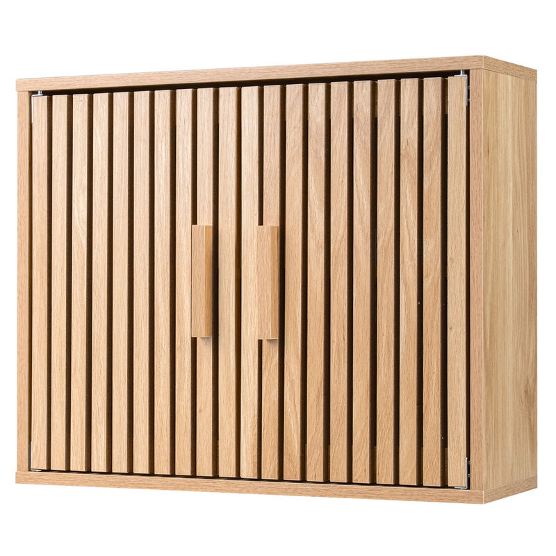 Wall Mounted Bathroom Cabinet with 2 Slatted Doors and Adjustable Shelves-Natural image number 0