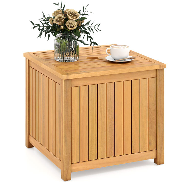 Acacia Wood 2-in-1 Outdoor Side Table with Slatted Top and Storage Box-Natural