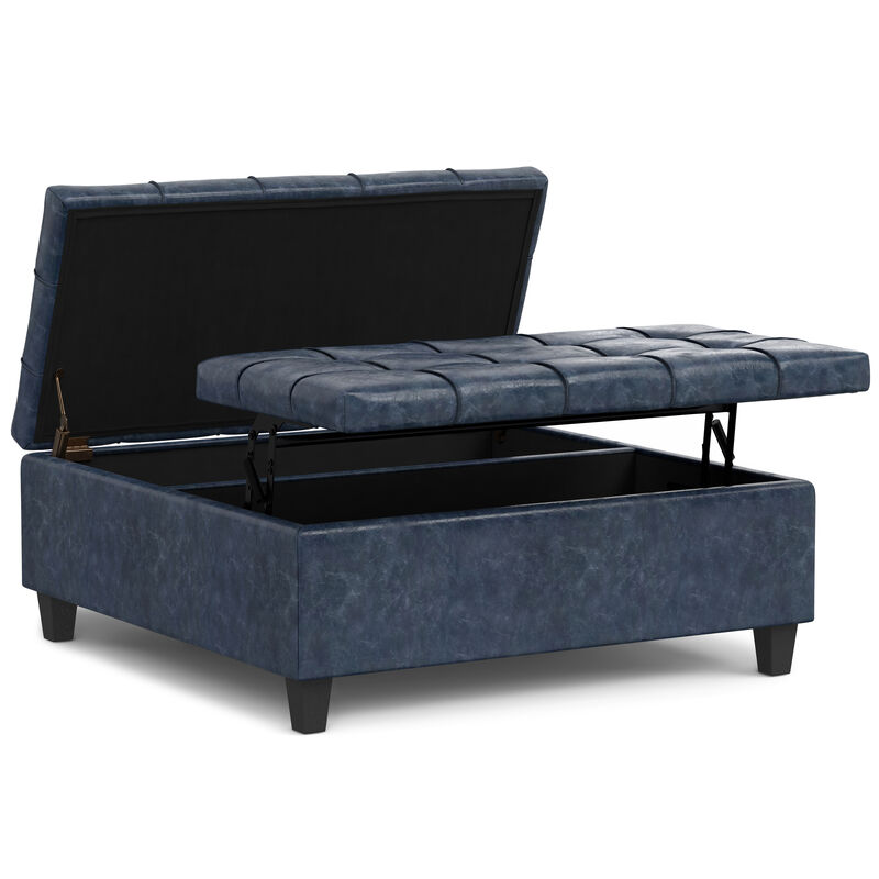 Harrison 40 inch Wide Transitional Square Large Coffee Table Storage Ottoman in Denim Blue Vegan Faux Leather, Assembled