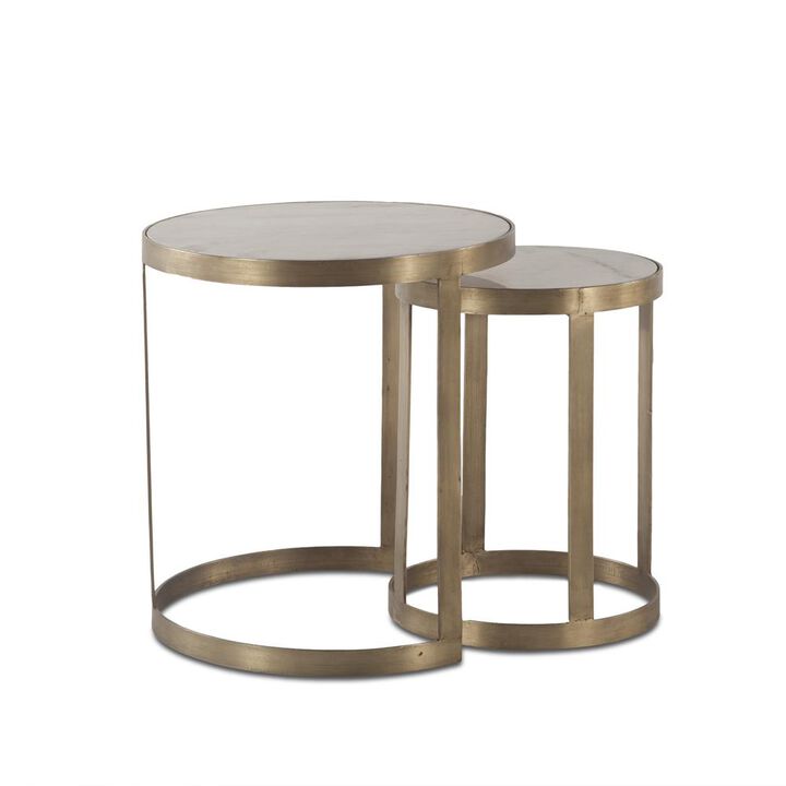 World Interiors Leonardo White Marble Side Tables with Antique Bonze Base, Set of 2