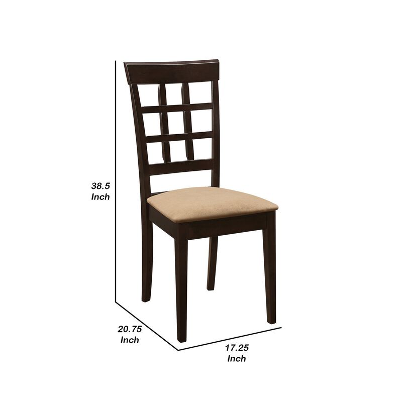 17 Inch Side Dining Chair, Set of 2, Lattice Back Brown Wood, Tan Fabric - Benzara
