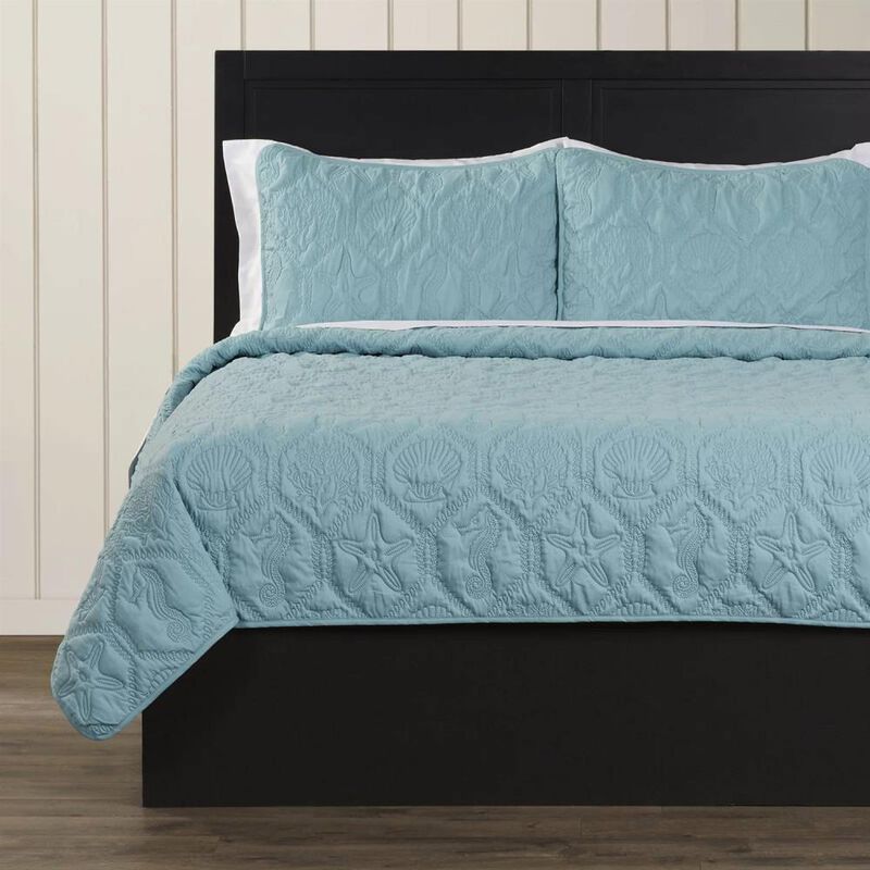 Hivvago King Coastal Beach Starfish Seashell Seahorse Aqua Blue Teal 3-Piece Quilt Set