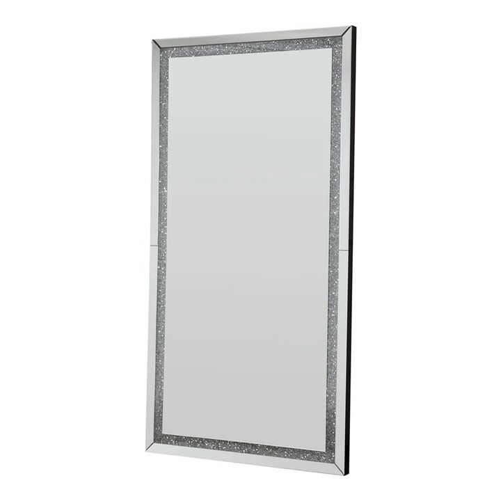 Floor Mirror with Faux Diamond Inlays and LED Trim, Silver-Benzara