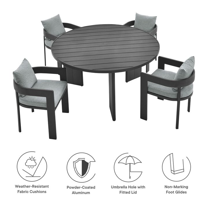 Modway Tahoe Outdoor Patio Powder-Coated Aluminum 5-Piece Dining Set in Gray Gray - Round Patio Furniture Set for 4 - Outside Table with Umbrella Hole and Cushioned Chairs - Modern Patio Set