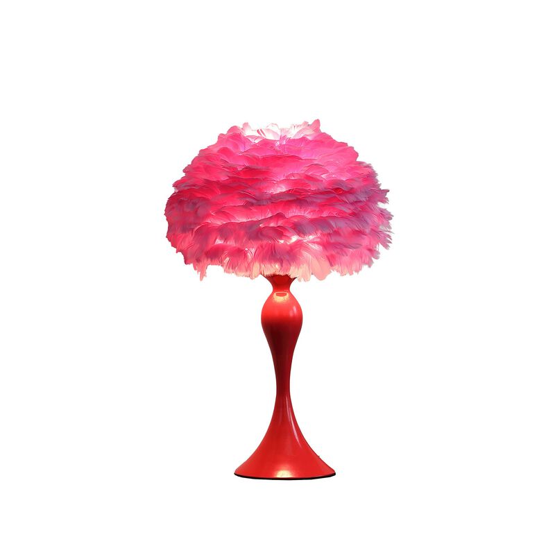 Lily 24 Inch Metal Glam Feather Table Lamp, Candlestick, 40W, Pink, Red-Benzara