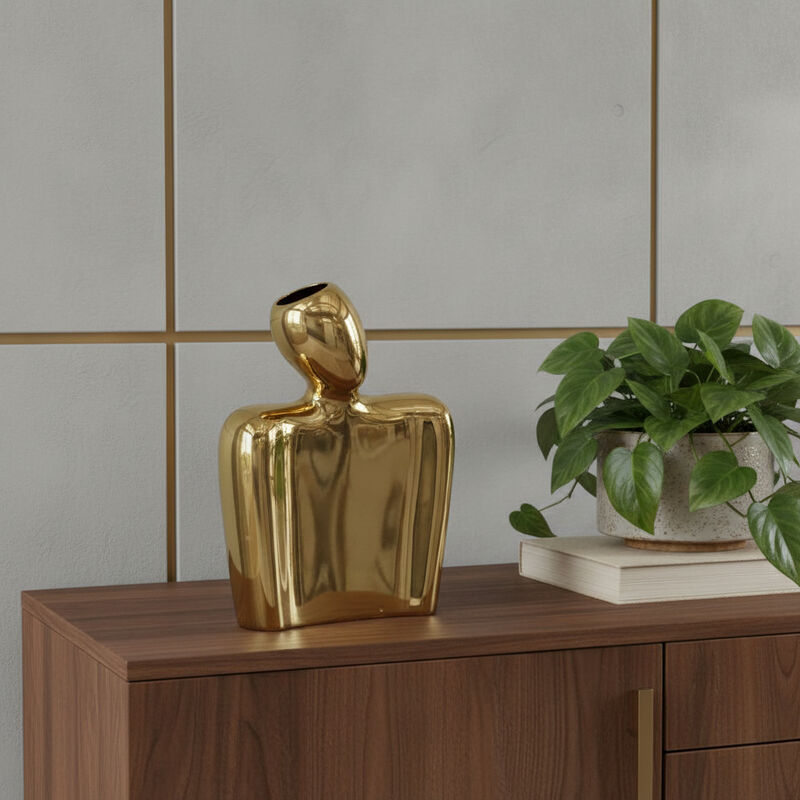 HomeRoots 8" Gold Ceramic Modern Abstract Table Vase image number 1