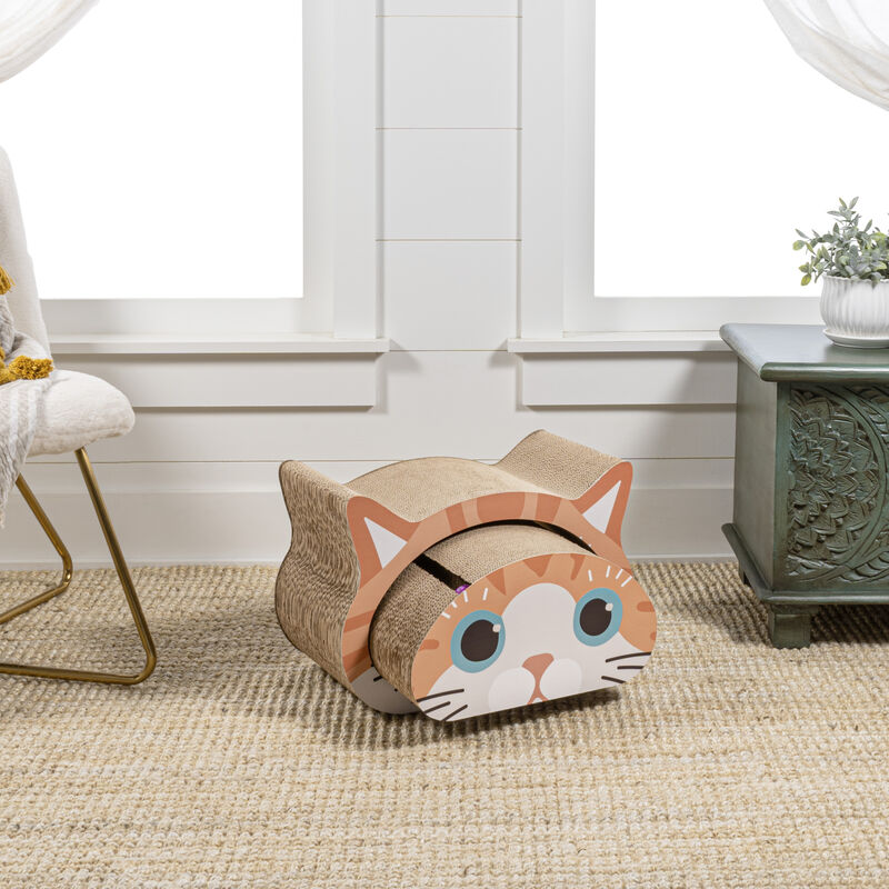 Opal Modern Cardboard Happy Cat Head 2-in-1 Cat Cave Scratcher with Built-In Bell Toys and Catnip
