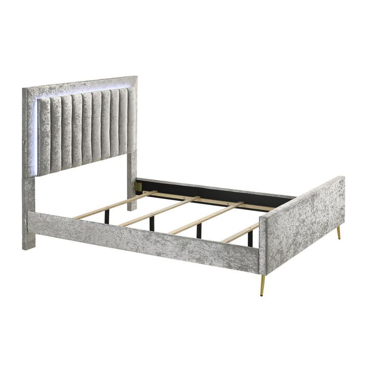 Benjara Gaze Queen Size Bed, Channel Tufted, LED, Legs, Upholstery, Gray and Silver