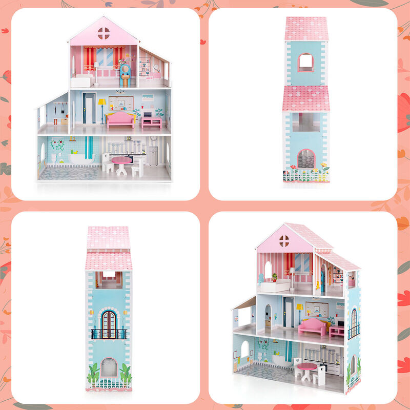 3-Tier Toddler Doll House with Furniture Gift for Age over 3 image number 2