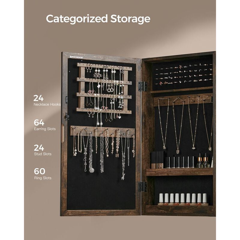 Space-Saving Wall-Mounted Jewelry Cabinet with Mirror and Lock - Rustic Brown Finish image number 2