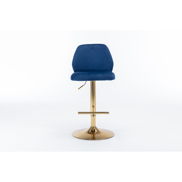 Swivel Bar Stools Chair Set of 2 Modern Adjustable Counter Height Bar Stools, Velvet Upholstered Stool with Tufted High Back & Ring Pull for Kitchen, Chrome Golden Base, Blue
