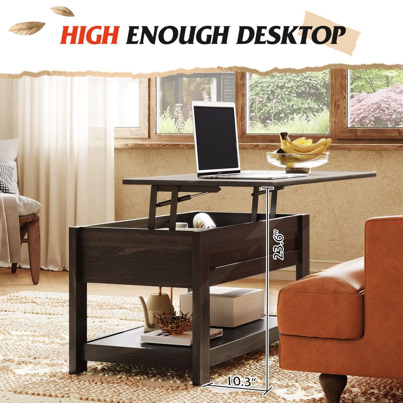 WLIVE Modern Lift Top Coffee Table,Rustic Coffee Table with Storage Shelf and Hidden Compartment,Wood Lift Tabletop for Home Liv