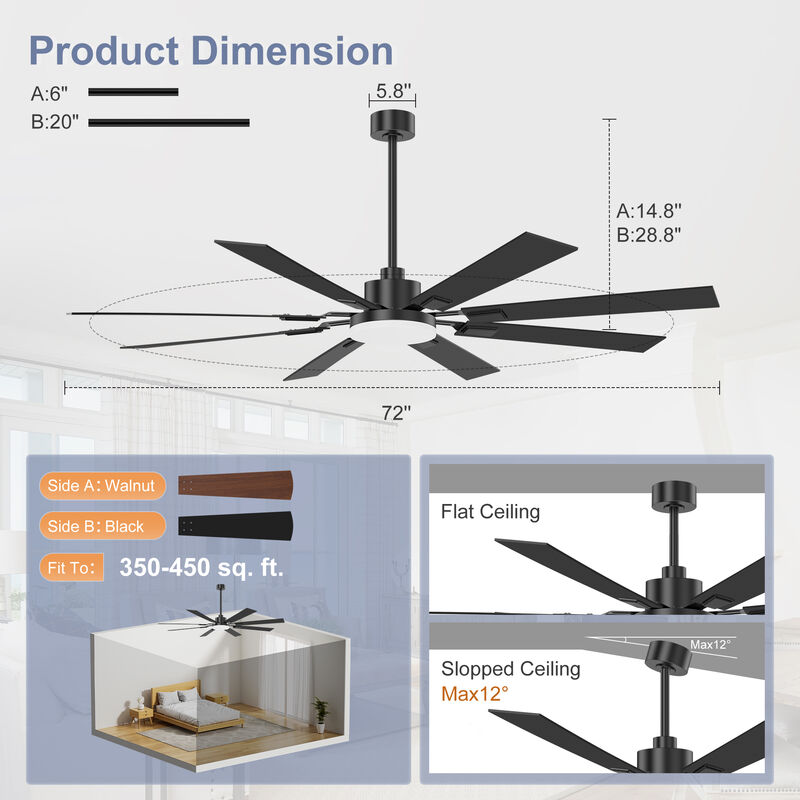 Breezary 72" LED Ceiling Fan with Light, 8 Plywood Blades, 6 Speeds, Remote Control image number 6