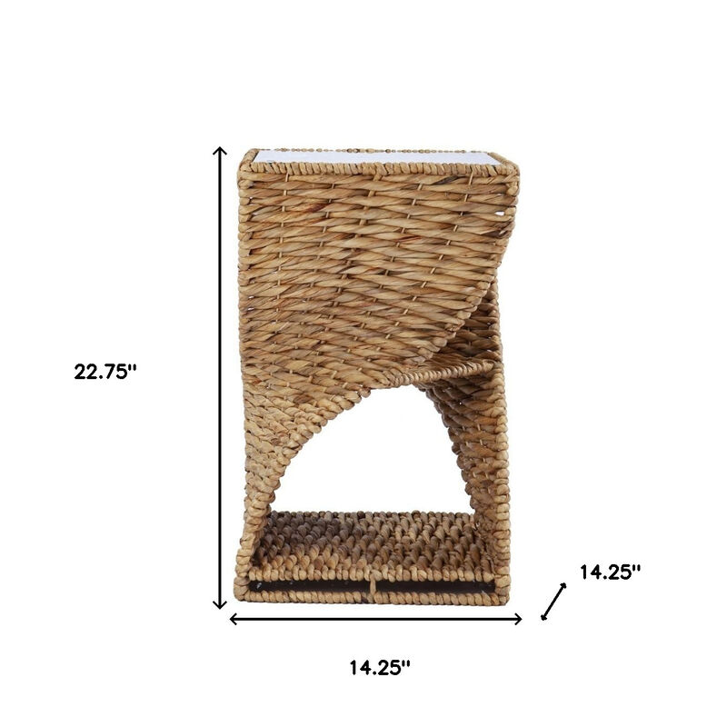 Hivvago 23 Inch  Brown And Natural Rattan Swirl Glass Top Square End Table