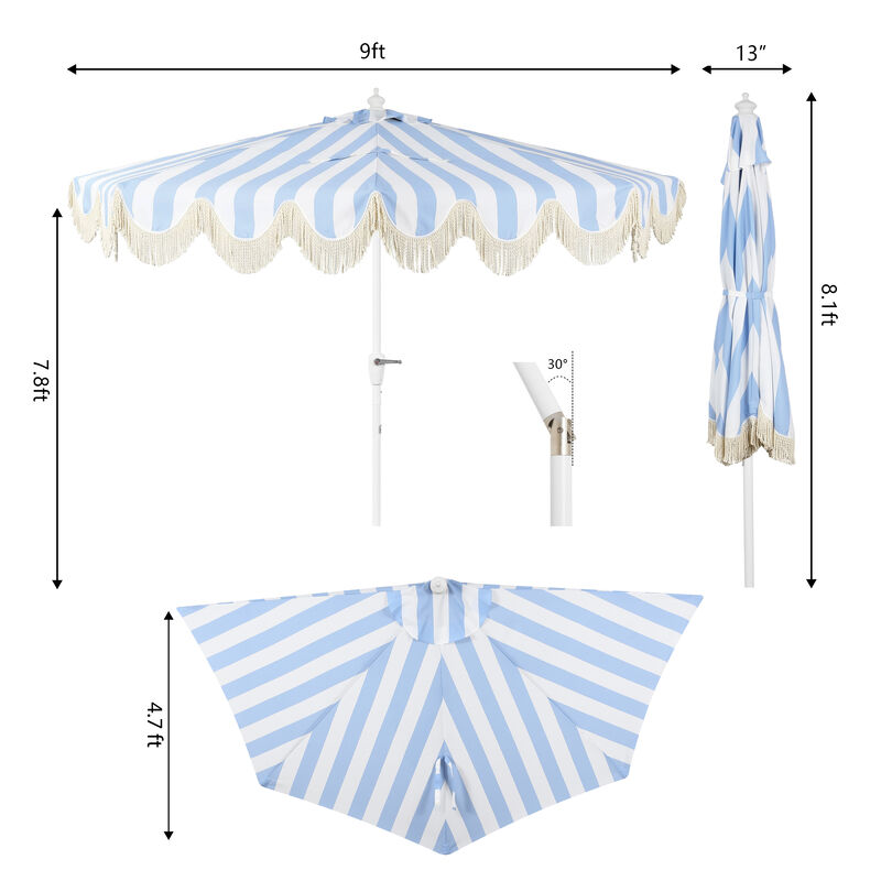Beverly 9 ft. Designer Classic Scalloped Fringe Half Market Patio Umbrella with Crank, Wind Vent and UV Protection