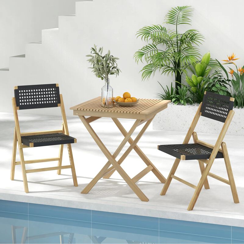Set of 2 Folding Teak Wood Dining Chairs with Woven Rope Seat and Back image number 1