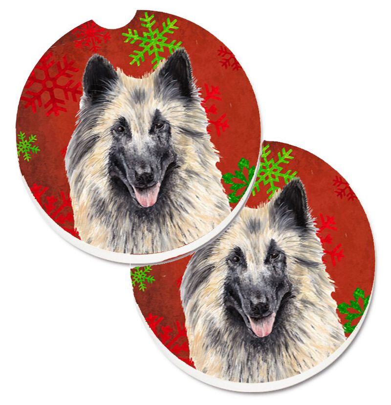 Caroline's Treasures Belgian Tervuren Red & green Snowflakes Holiday Christmas Set of 2 Cup Holder Car Coasters SC9432CARC, 2.56, Multicolor image number 0