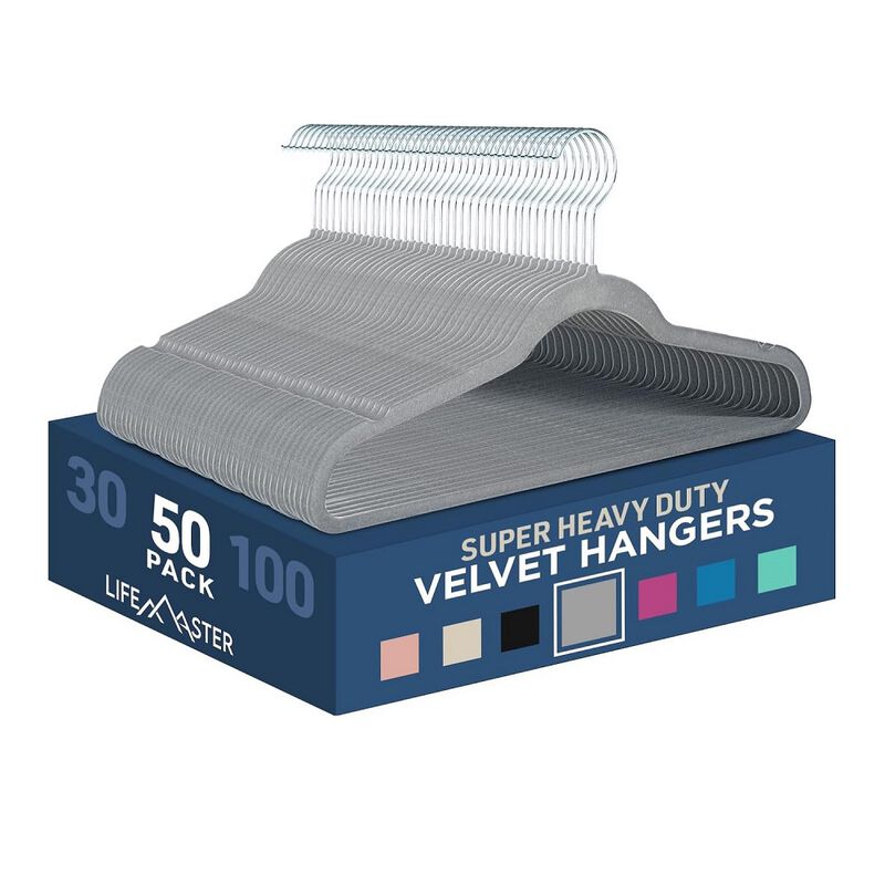 Velvet Non-Slip Hangers - 50 Pieces Non-Slip Coat Hanger Set with 360&deg; Swivel Hook, Space-Saving, Sleek Design, Keep Closet Organized, Smooth Velvet Finish, Lightweight Construction - Gray