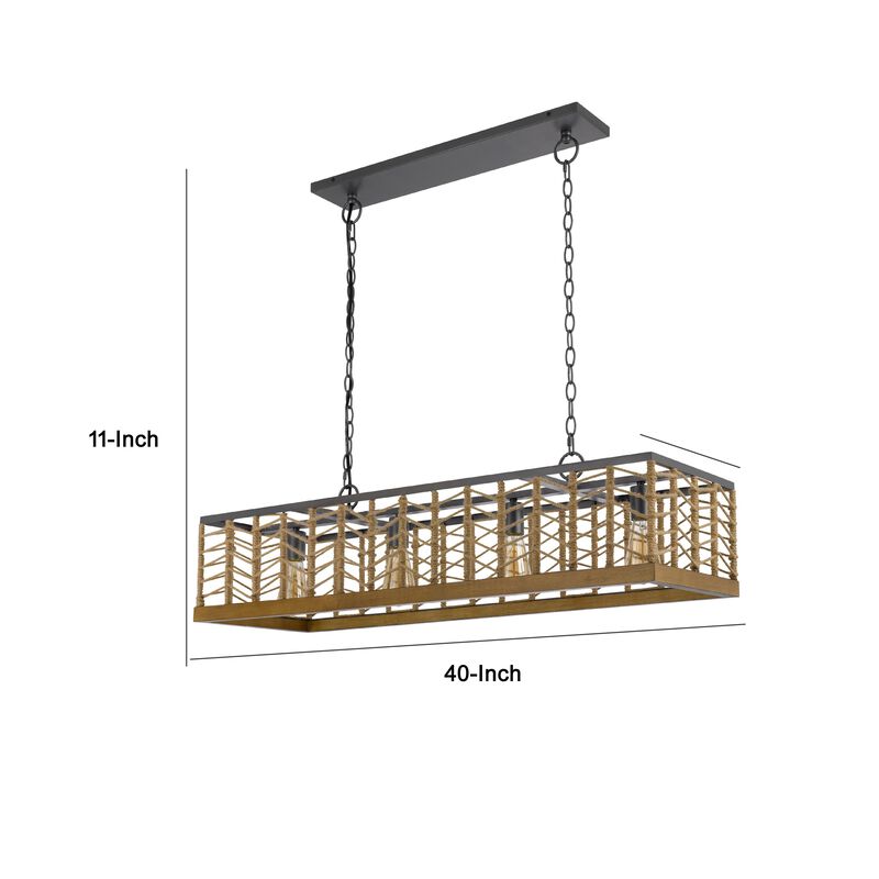 4 Light Pendant, Braided Burlap Shade, Caged Industrial Black Metal 40 Inch image number 7