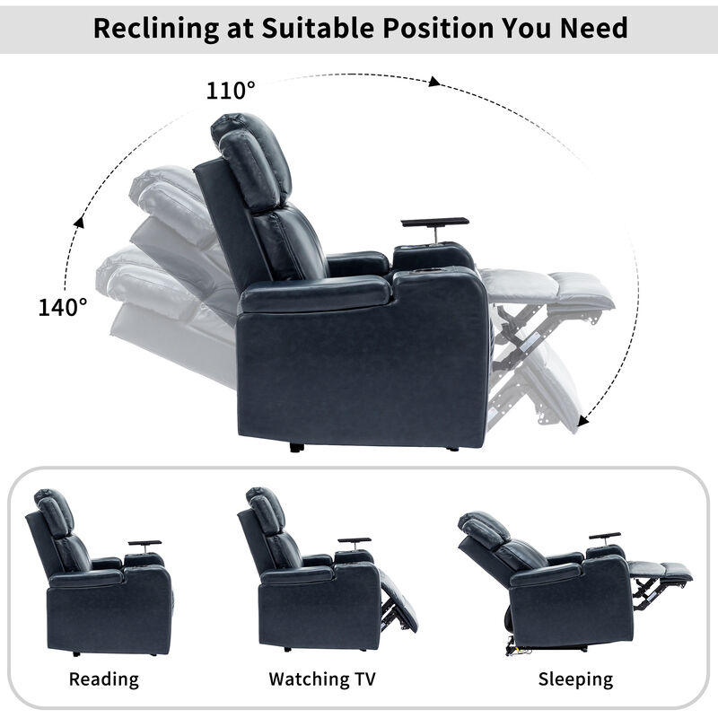 Whisen PU Leather Power Recliner with Cup Holder, Bluetooth Speaker, LED Lights, USB Ports, Tray Table and Arm Storage