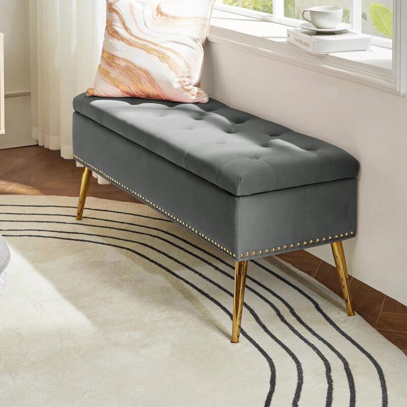 Hivvago Mid-Century Modern End of Bed Storage Bench with Gray Velvet Seat and Gold Legs