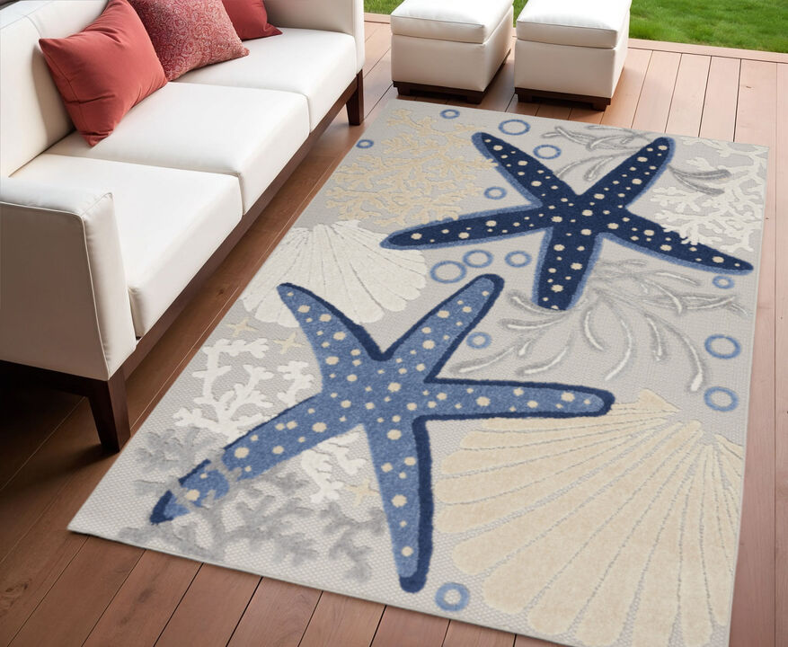 HomeRoots 4' X 6' Navy Blue And Gray Starfish Indoor Outdoor Area Rug