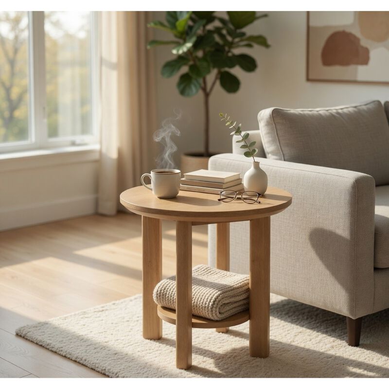 Clera Round Side End Table with Open Shelf, Light Oak Wood 22Inch image number 8