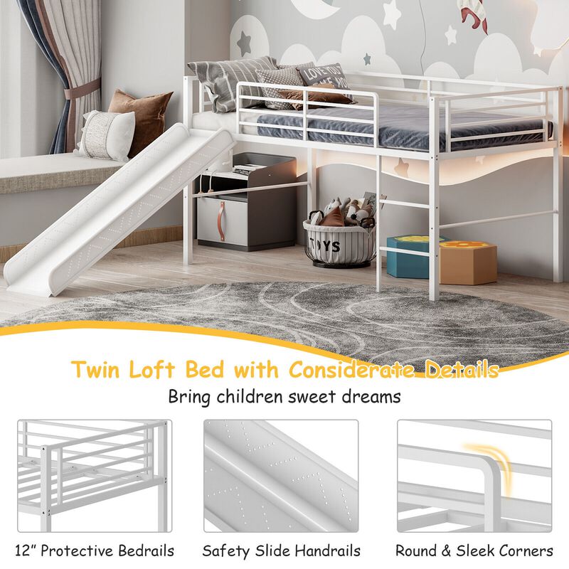 Twin Metal Loft Bed with Slide Safety Guardrails and Built-in Ladder