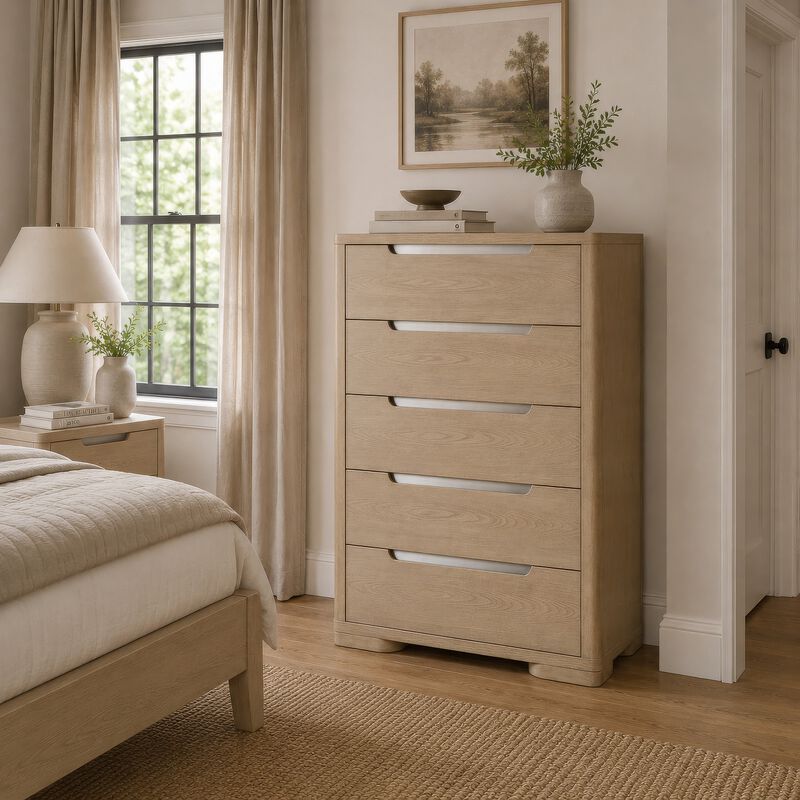 Saina Tall Dresser Chest with 5 Drawers, Fingertip Handles, Brown Wood image number 8