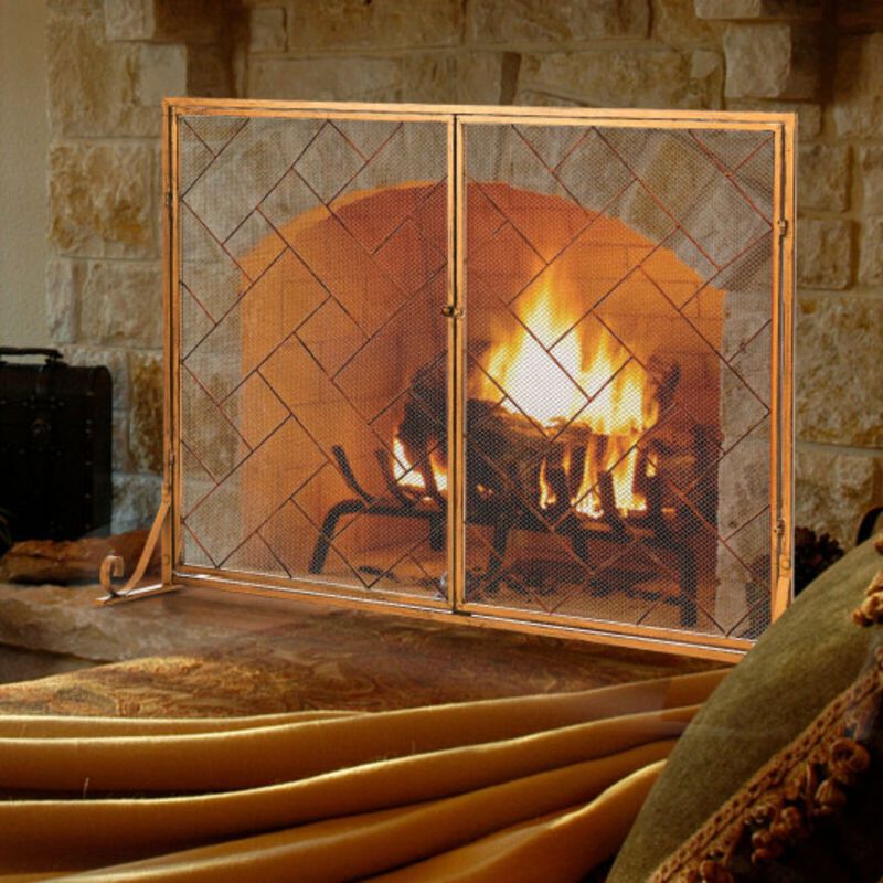 3-Panel Folding Wrought Iron Fireplace Screen with Doors and 4 Pieces Tools Set