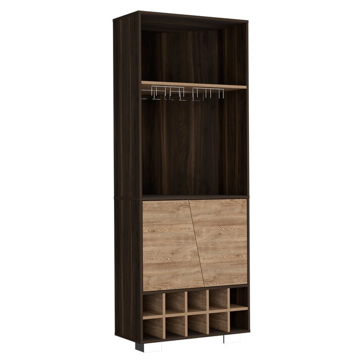 Fraktal Corner Bar Cabinet, Ten Built-in Wine Rack, Two Shelves, Double Door -Dark Oak / Pine