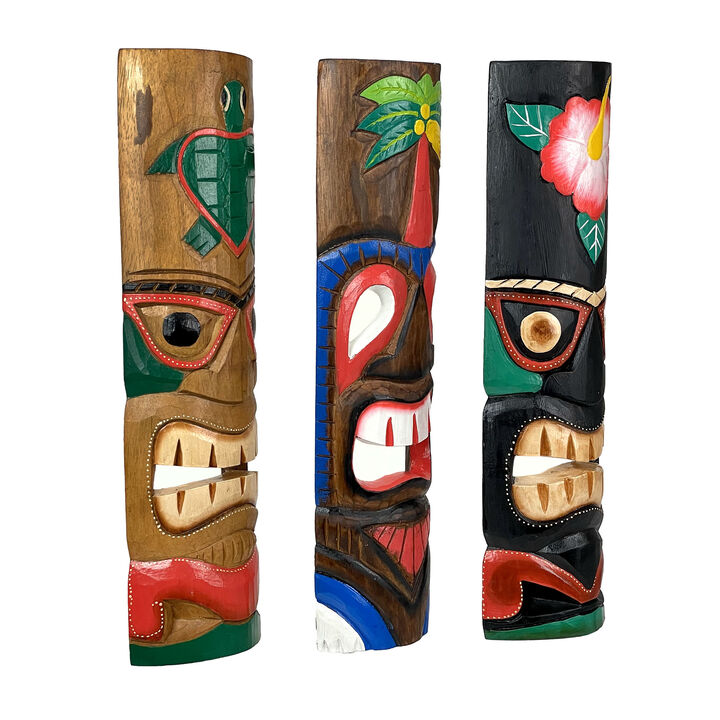 Set of 3 Colorful Hawaiian Island Style Wooden Tiki Wall Masks 20 Inches High