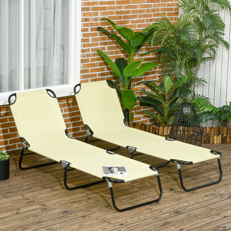 Outsunny 2 Piece Folding Chaise Lounge Pool Chairs, Outdoor Sun Tanning Chairs with Pillow, 5-Level Reclining Back, Steel Frame & Breathable Mesh for Beach, Yard, Patio, Beige