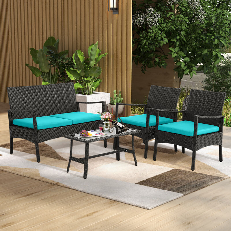 4 Pieces Outdoor Rattan Conversation Set with Tempered Glass Coffee Table