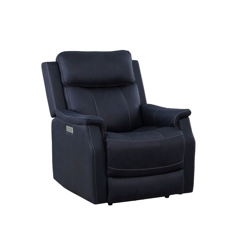 Clean Contemporary Dual-Power Recliner - Ocean Blue Leatherette, Power Footrest, Power Headrest - Easy-Care and Convenience