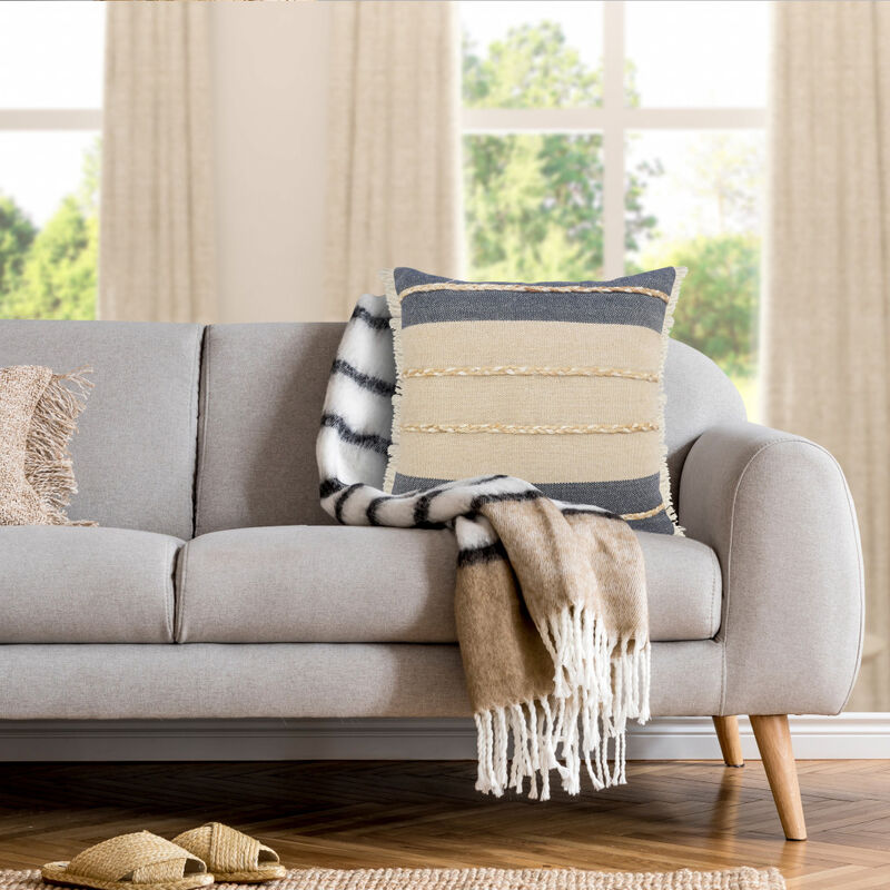 Luxury Jute Coastal Throw Pillow with Fringe &ndash; Decorative Accent Cushion for Sofa, Chair, or Bedroom