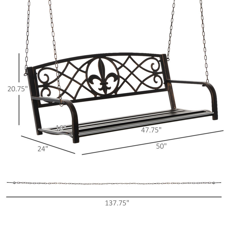 Outsunny 2-Person Porch Swing, Hanging Steel Patio Swing, Outdoor Swing Bench with Fleur-de-Lis Design for Garden Deck, 528 LBS Weight Capacity, Bronze