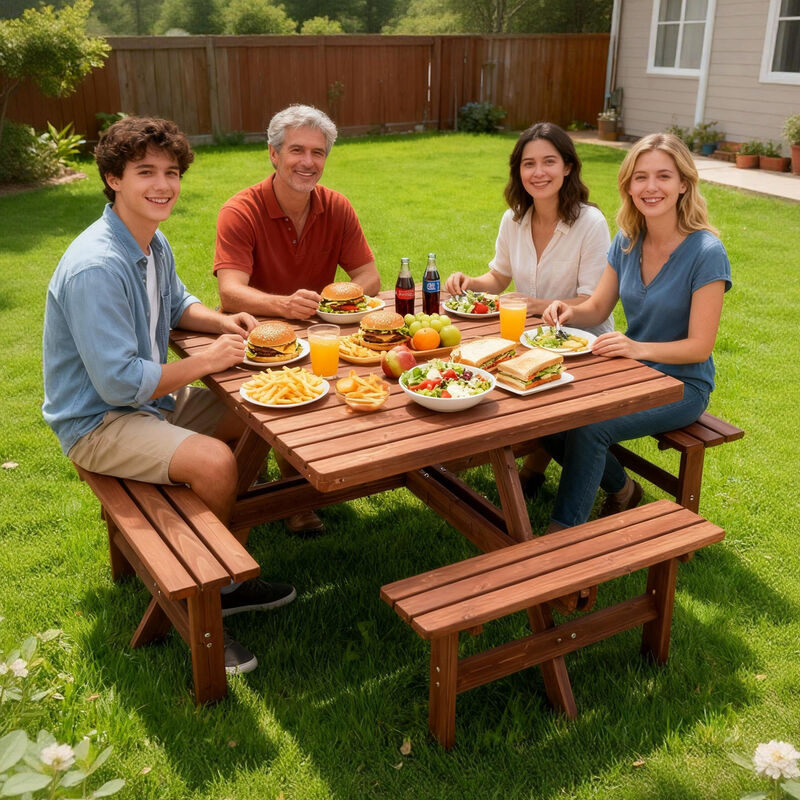 WOW PIONEER 8-Person Square Outdoor Picnic Table with Umbrella Hole Waterproof Sturdy Cross Structure Dining Set for Backyard Garden Camping Easy Clean image number 7