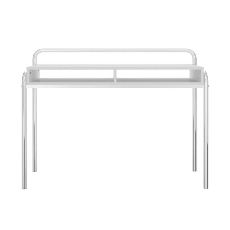 Office Desk with 2 Compartments and Tubular Metal Frame, White and Chrome-Benzara