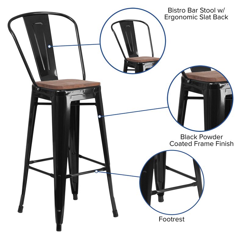 Flash Furniture Lily 30" High Black Metal Barstool with Back and Wood Seat