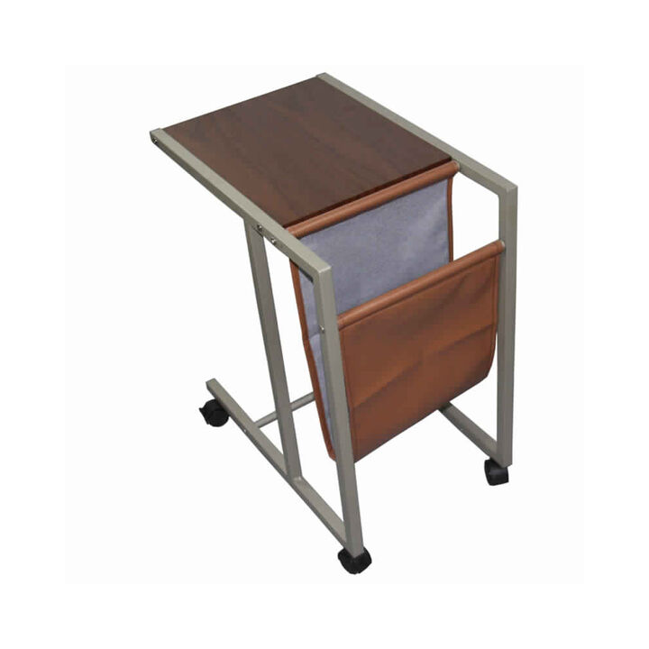 Fabric and Metal Laptop Cart with Wooden Top, Gray and Brown - Benzara
